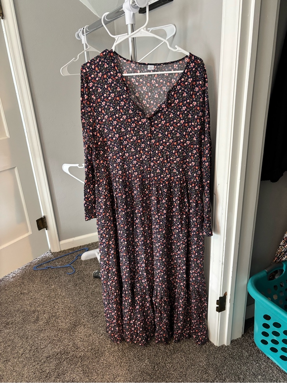 Floral V-Neck Long Sleeve Maxi Dress - Black with Pink Floral